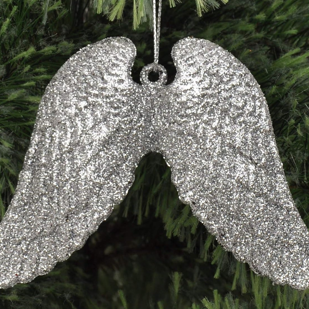 Christmas Angel Silver Wings w/ Glitter For Hanging Decor - 2PC
