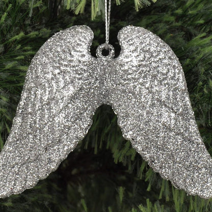 Christmas Angel Silver Wings w/ Glitter For Hanging Decor - 2PC