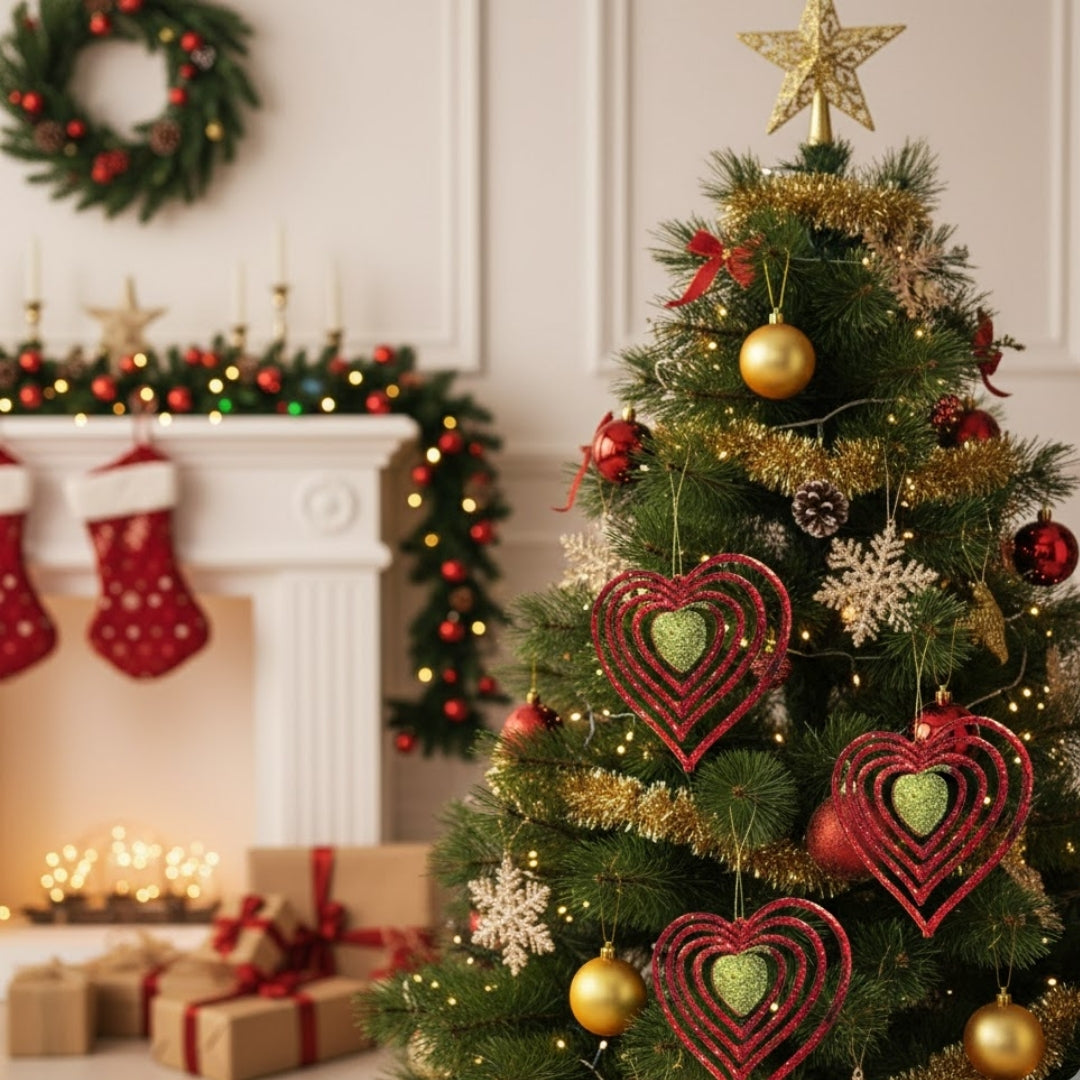 Christmas Tree Ornaments - 3D Heart Red & Green Hangings - 2PC