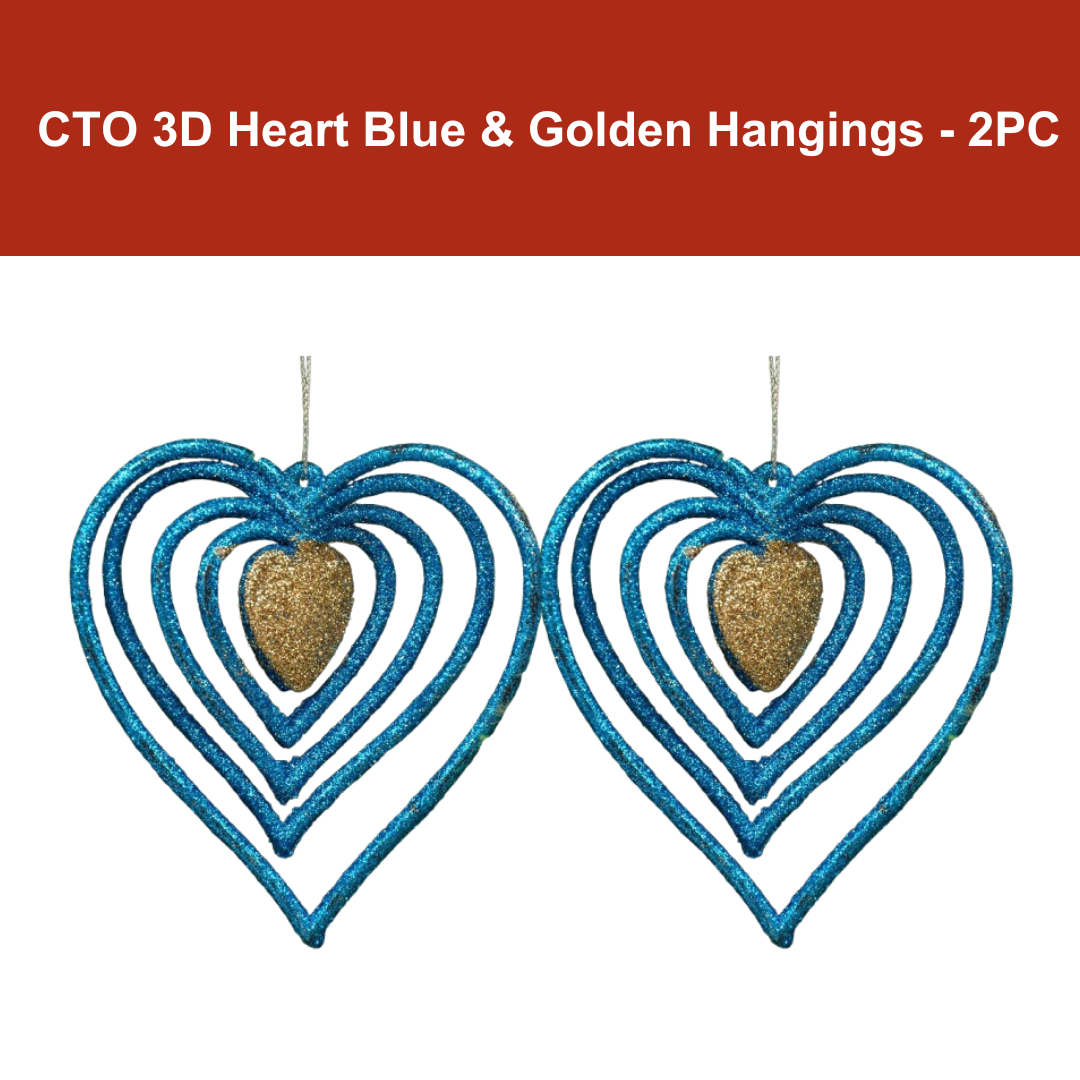 CTO 3D Heart Blue & Golden Hangings - 2PC