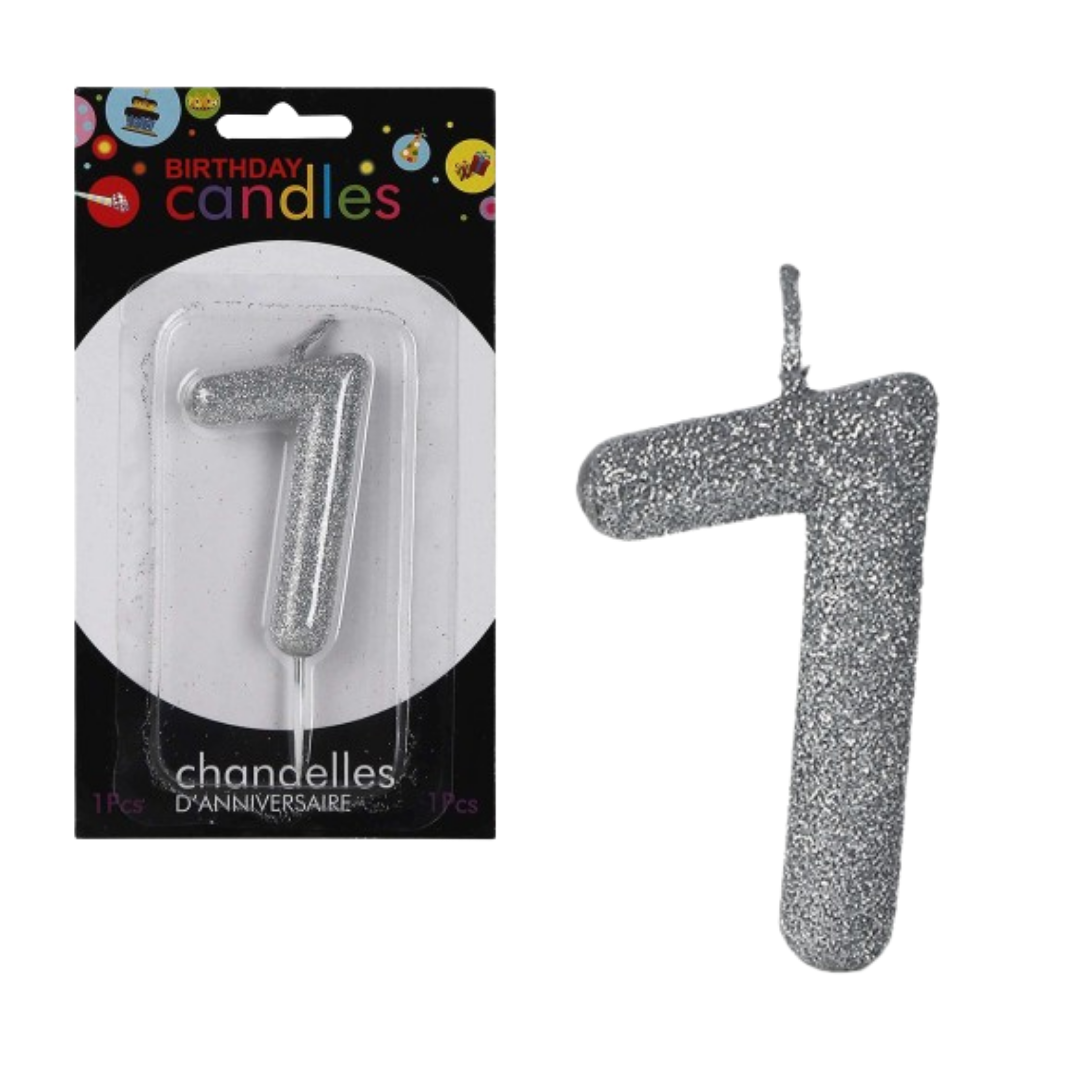 No. 7 Glitter Silver Candle