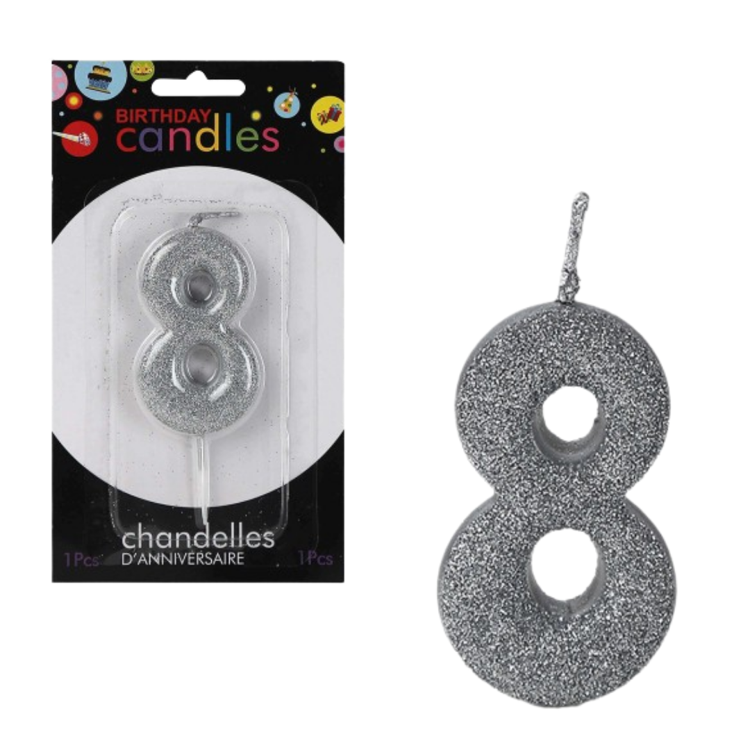 No. 8 Glitter Silver Candle