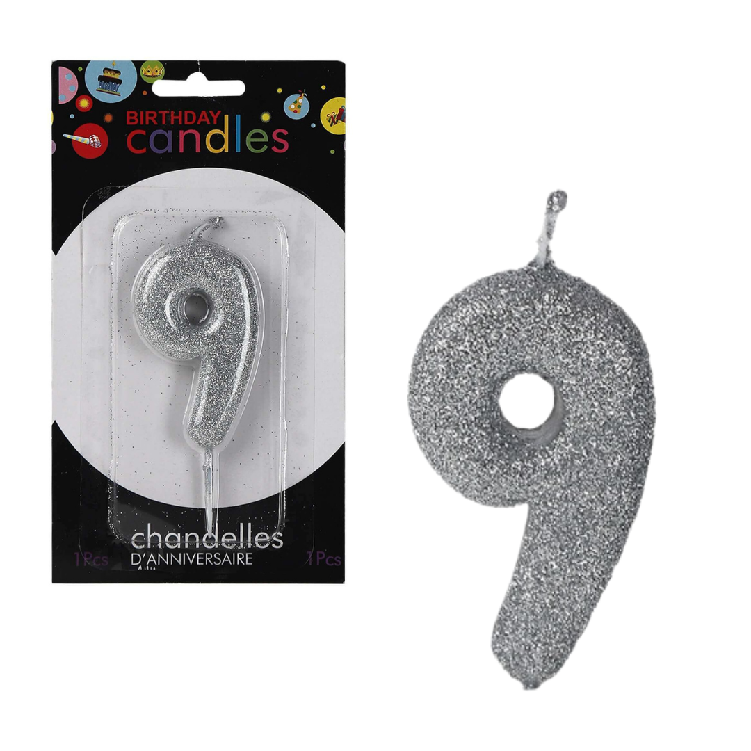 No. 9 Glitter Silver Candle