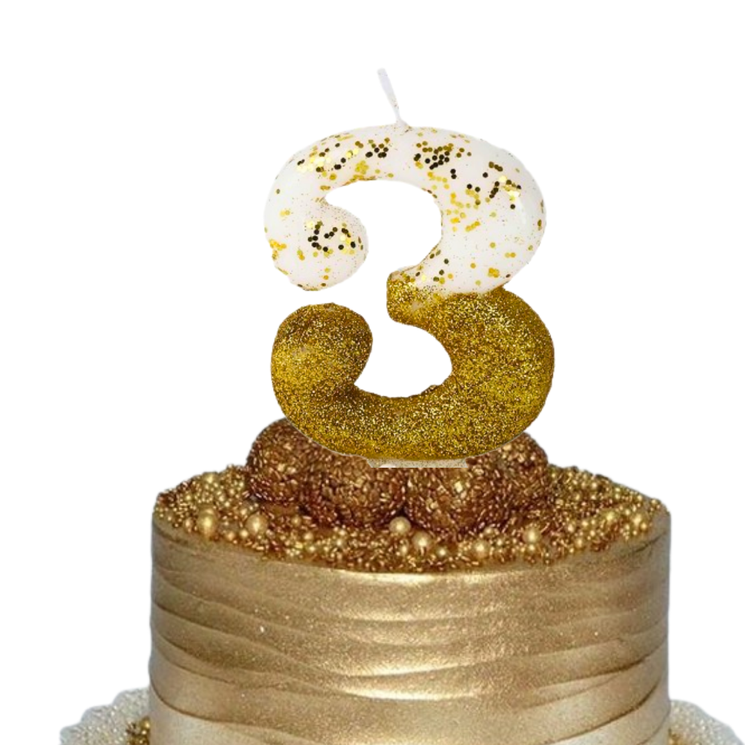 Semi Glitter Numerical Gold Candles - 3 No Candle Semi Glitter Gold