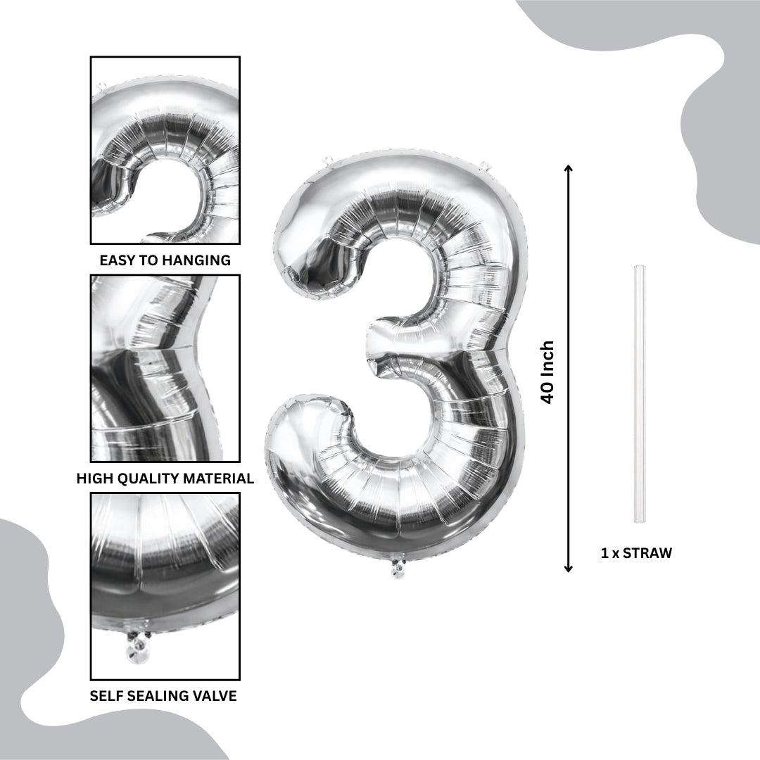 Silver Number 3 Foil Balloon 40 Inch  Air Filled Pack of 1