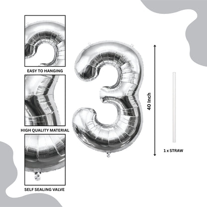 Silver Number 3 Foil Balloon 40 Inch  Air Filled Pack of 1