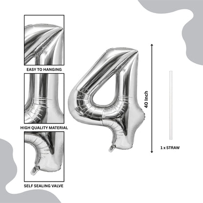 Silver Number 4 Foil Balloon 40 Inch  Air Filled Pack of 1