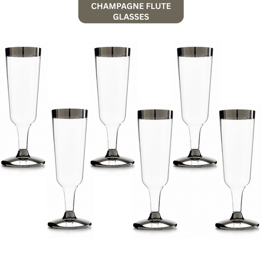 Clear Champagne Flute Glasses with Silver Rim - 6P