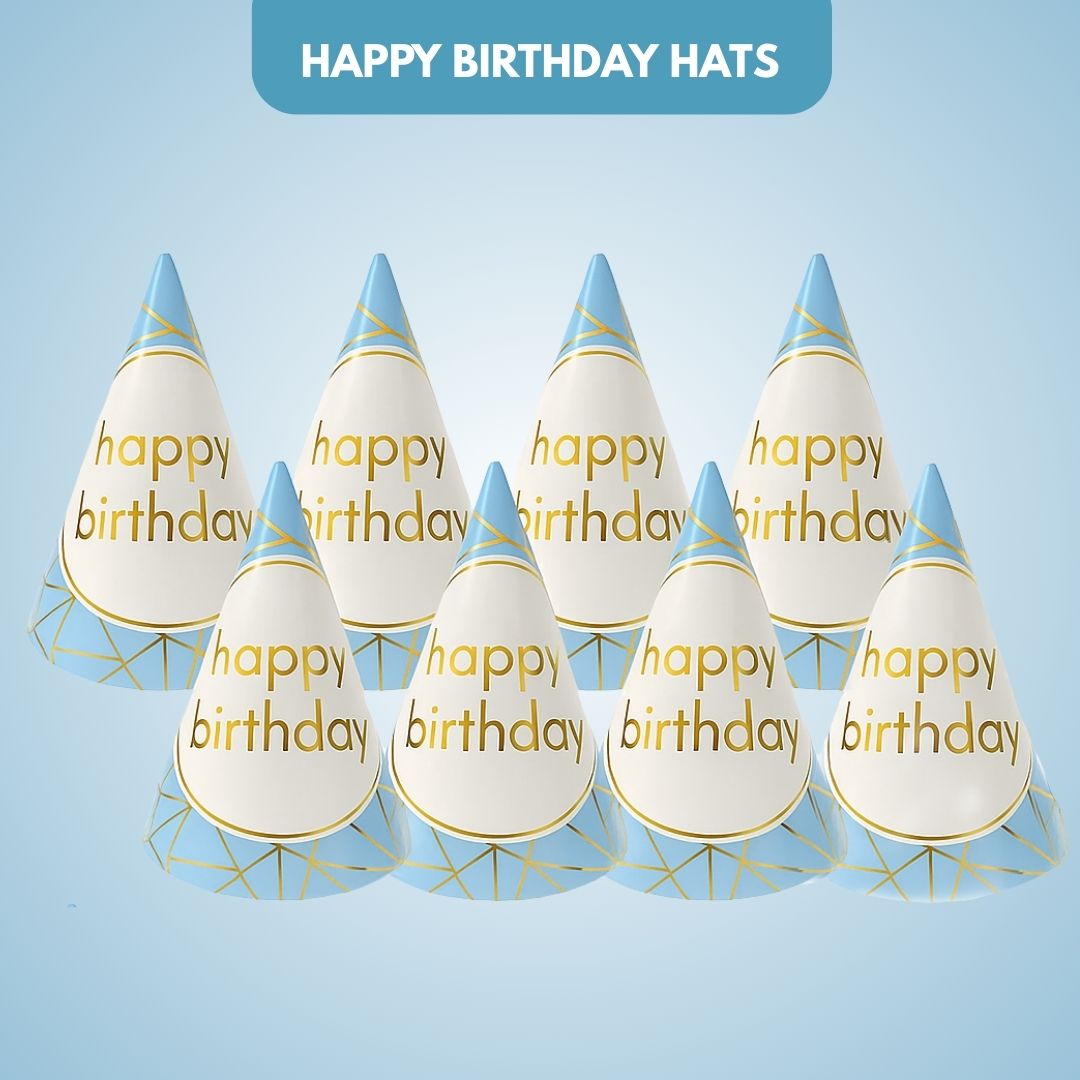 Happy Birthday Golden Foil Hats Blue - 8PC