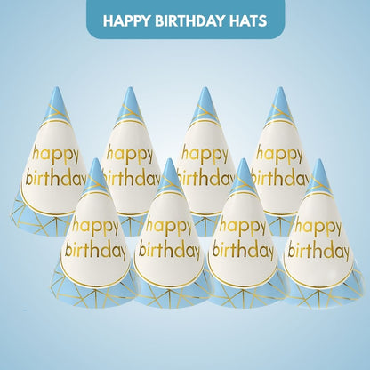 Happy Birthday Golden Foil Hats Blue - 8PC