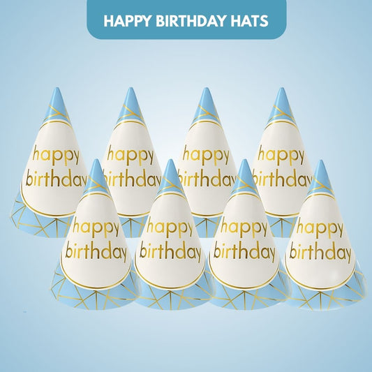 Happy Birthday Golden Foil Hats Blue - 8PC