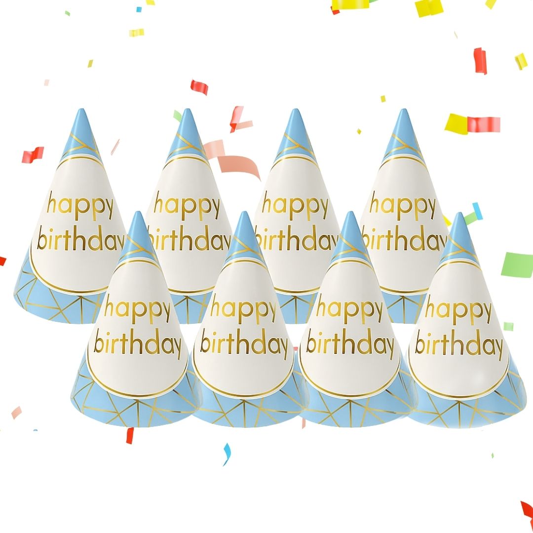 Happy Birthday Golden Foil Hats Blue - 8PC