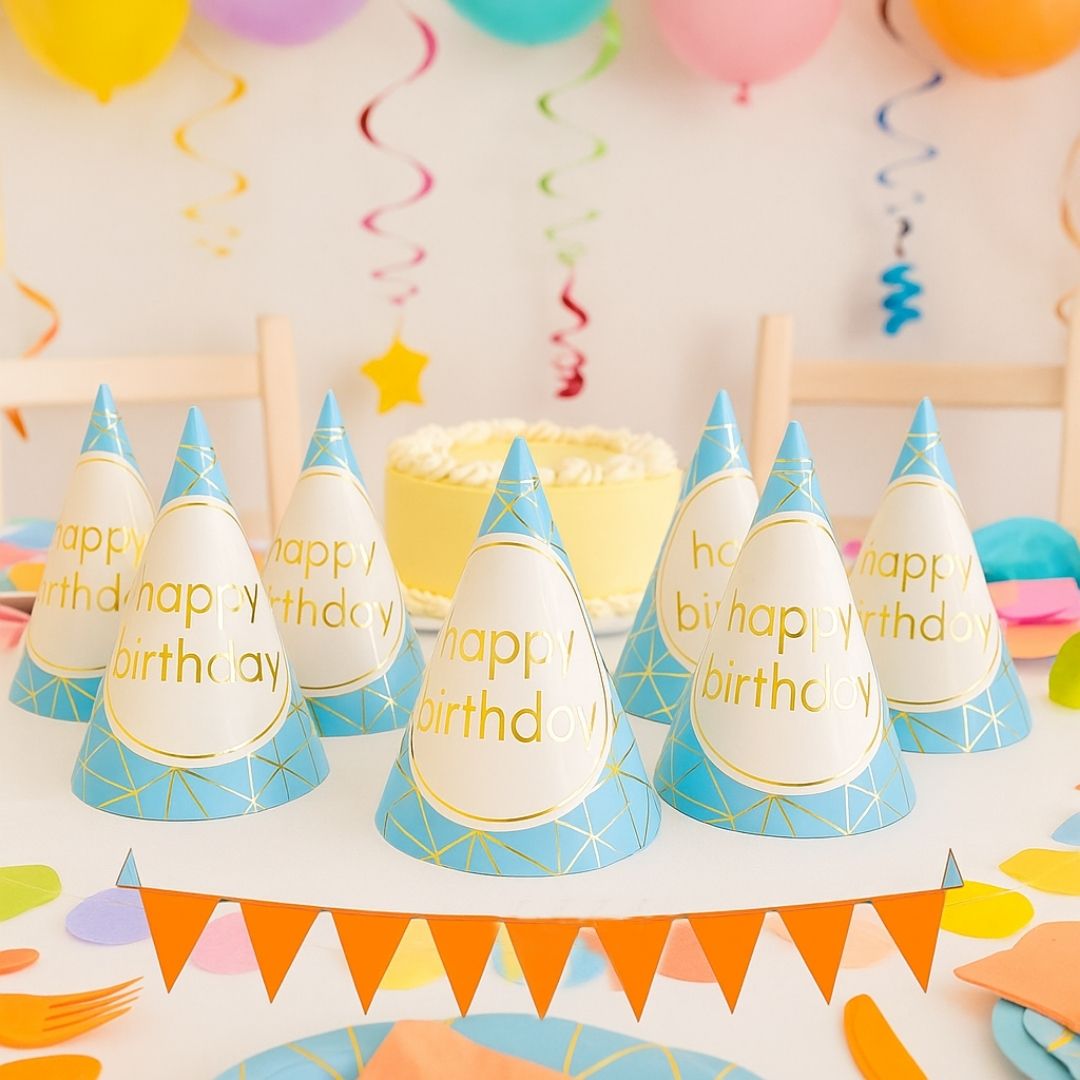 Happy Birthday Golden Foil Hats Blue - 8PC