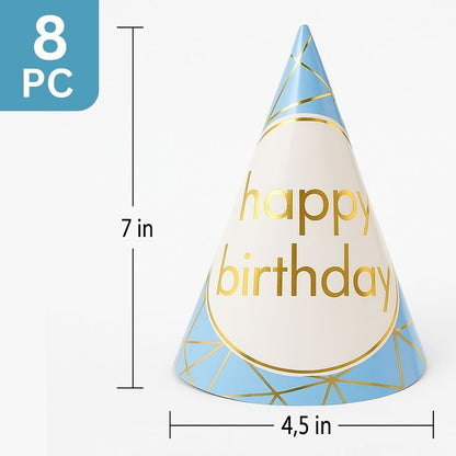 Happy Birthday Golden Foil Hats Blue - 8PC