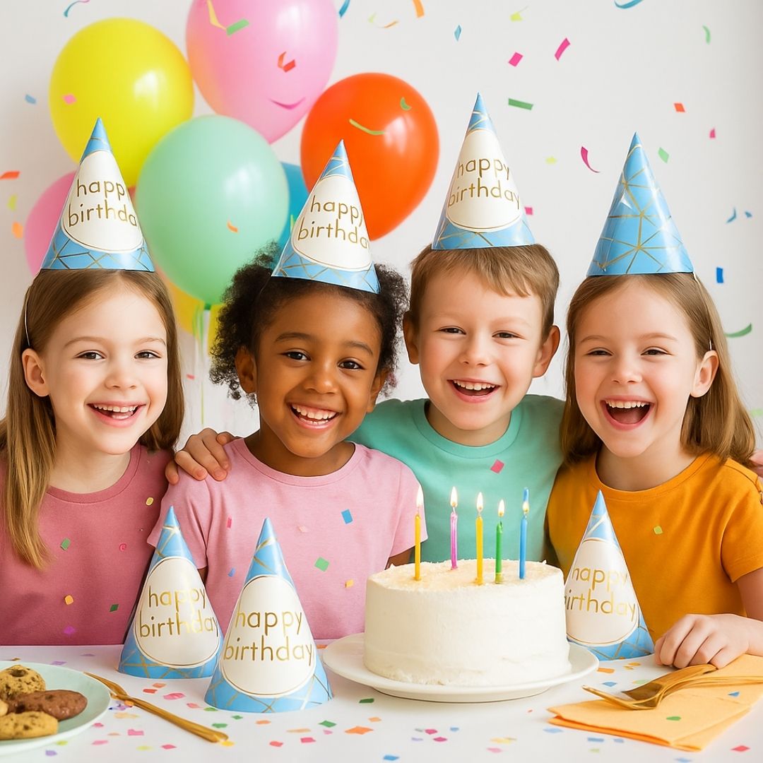 Happy Birthday Golden Foil Hats Blue - 8PC