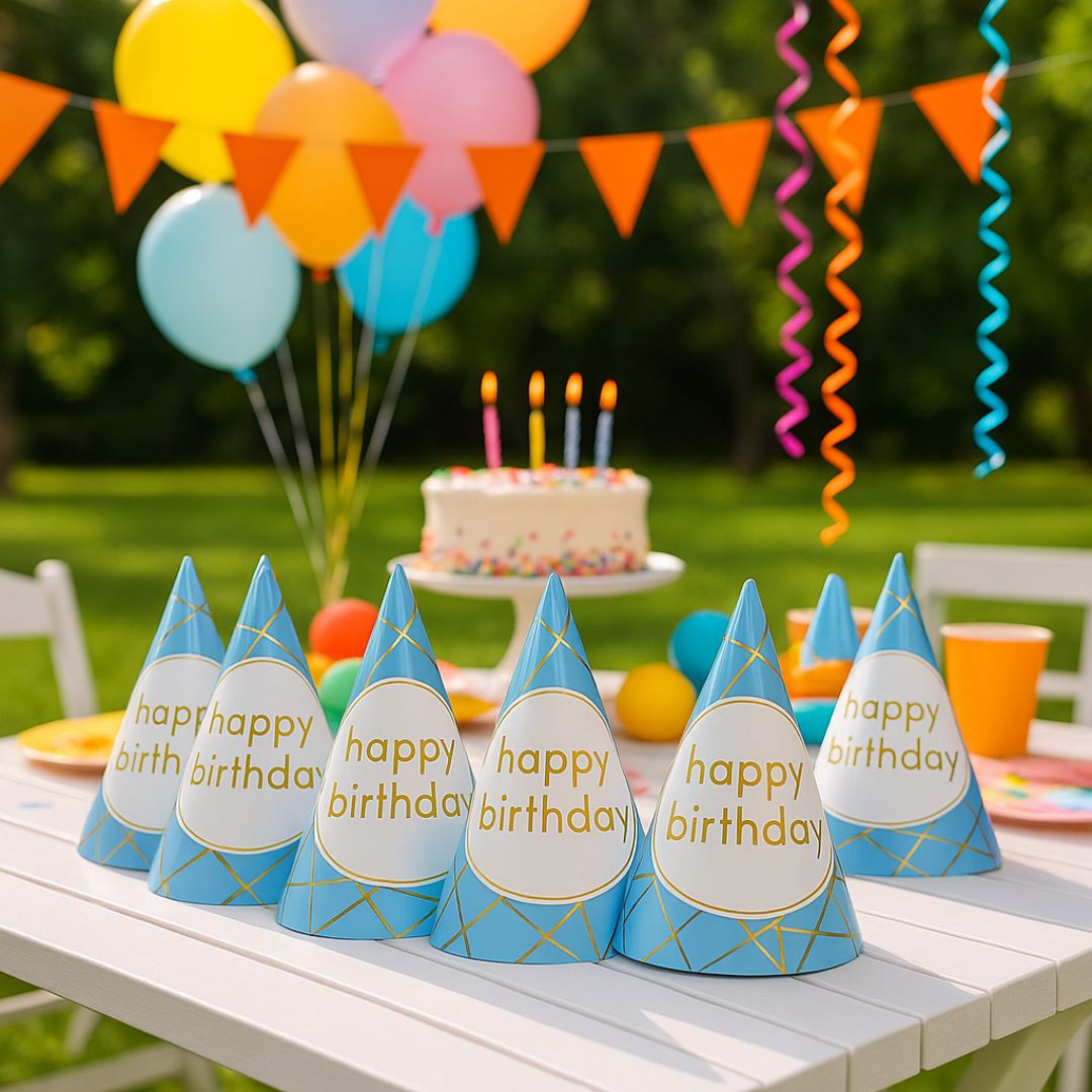 Happy Birthday Golden Foil Hats Blue - 8PC