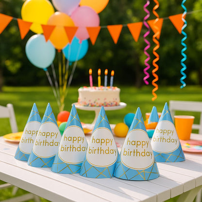 Happy Birthday Golden Foil Hats Blue - 8PC