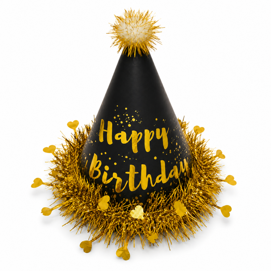 Black & Gold Happy Birthday Caps, Birthday Hats for Kids and Adults-Pack of 1