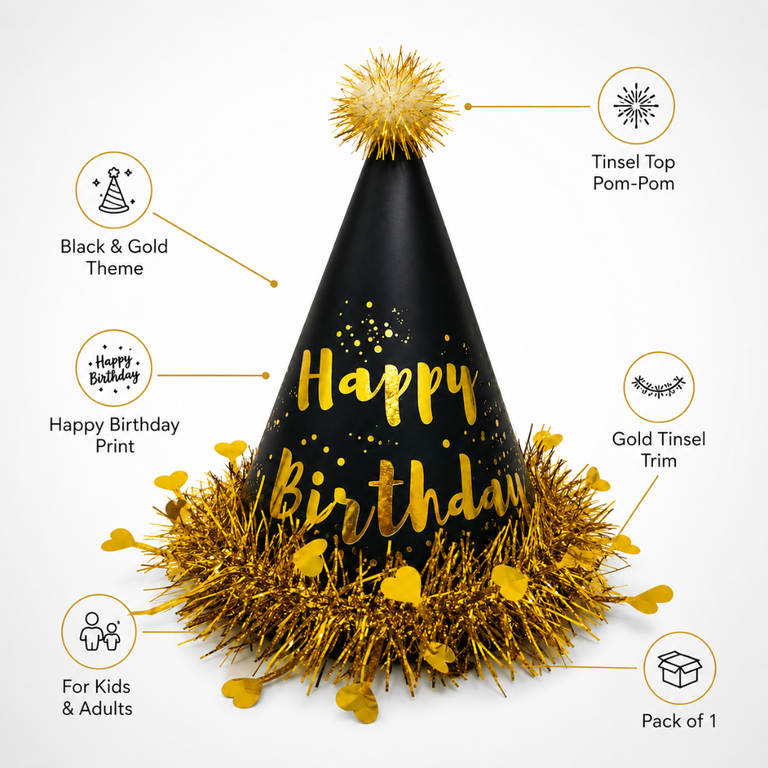 Black & Gold Happy Birthday Caps, Birthday Hats for Kids and Adults-Pack of 1