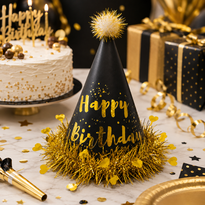 Black & Gold Happy Birthday Caps, Birthday Hats for Kids and Adults-Pack of 1
