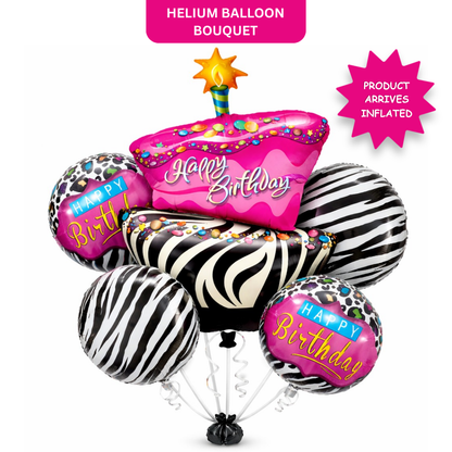 Happy Birthday Pink & Black Zebra Stripes Helium Foil Balloon Set of 5