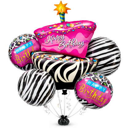 Happy Birthday Pink & Black Zebra Stripes Balloon
