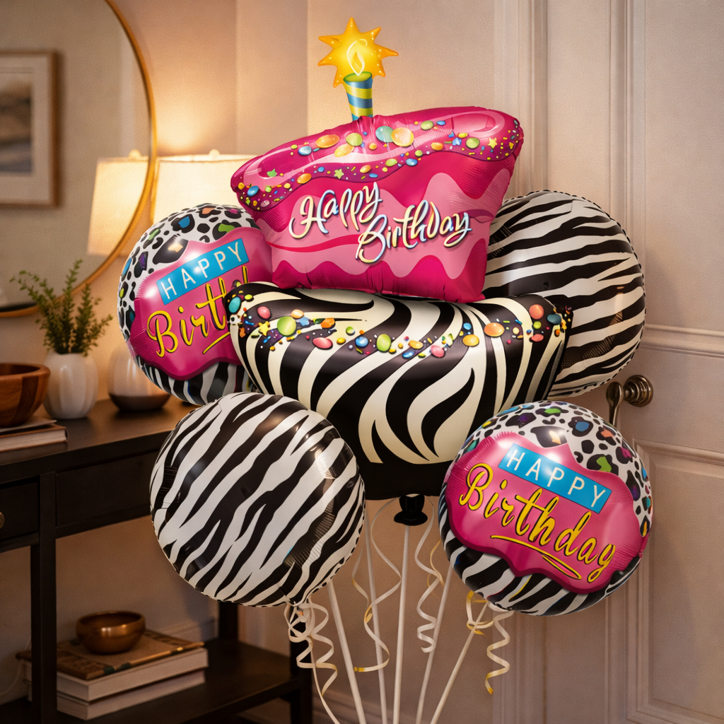 Happy Birthday Pink & Black Zebra Stripes Balloon
