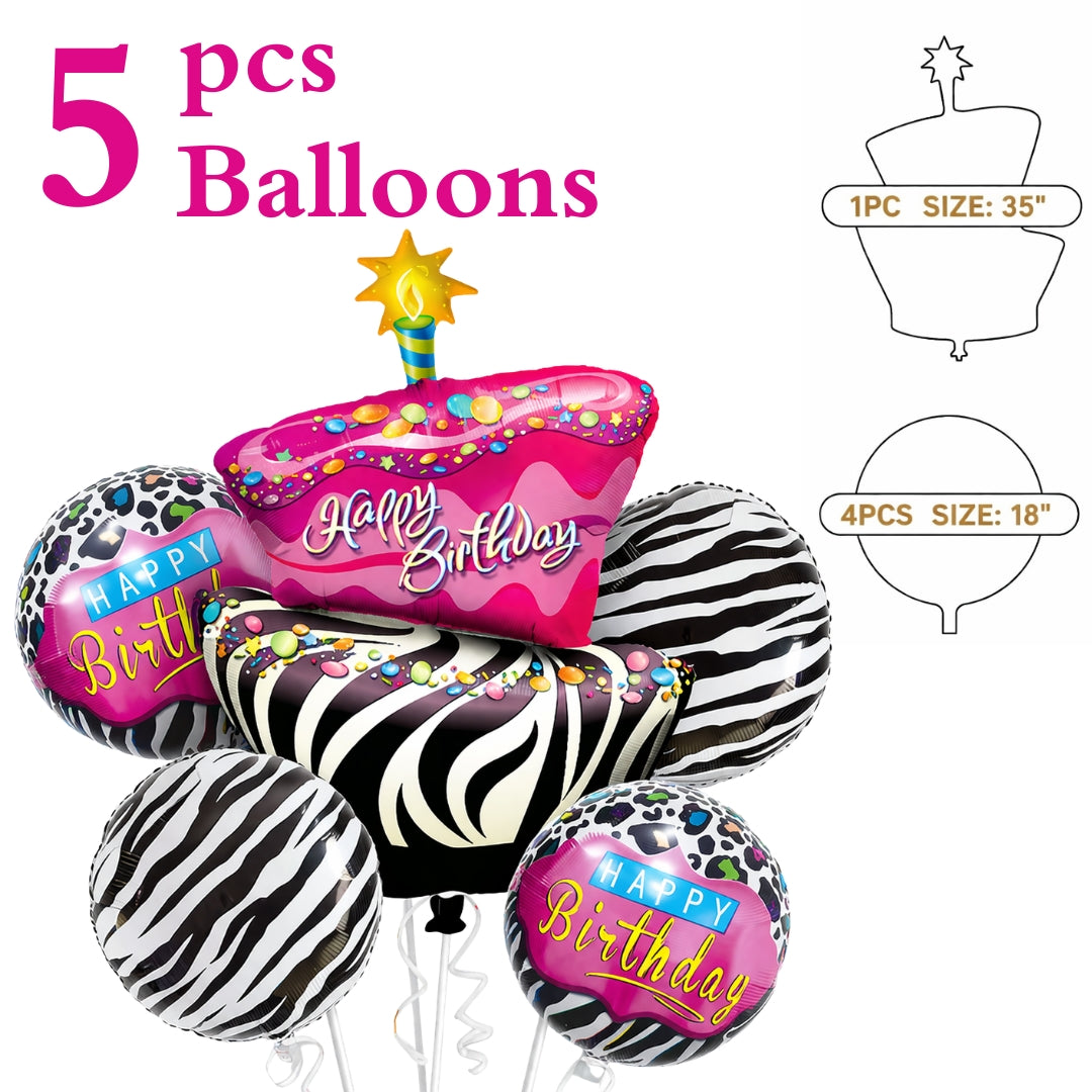 Happy Birthday Pink & Black Zebra Stripes Helium Foil Balloon Set of 5