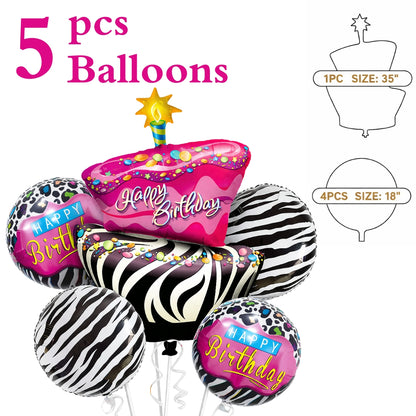 Happy Birthday Pink & Black Zebra Stripes Helium Foil Balloon Set of 5