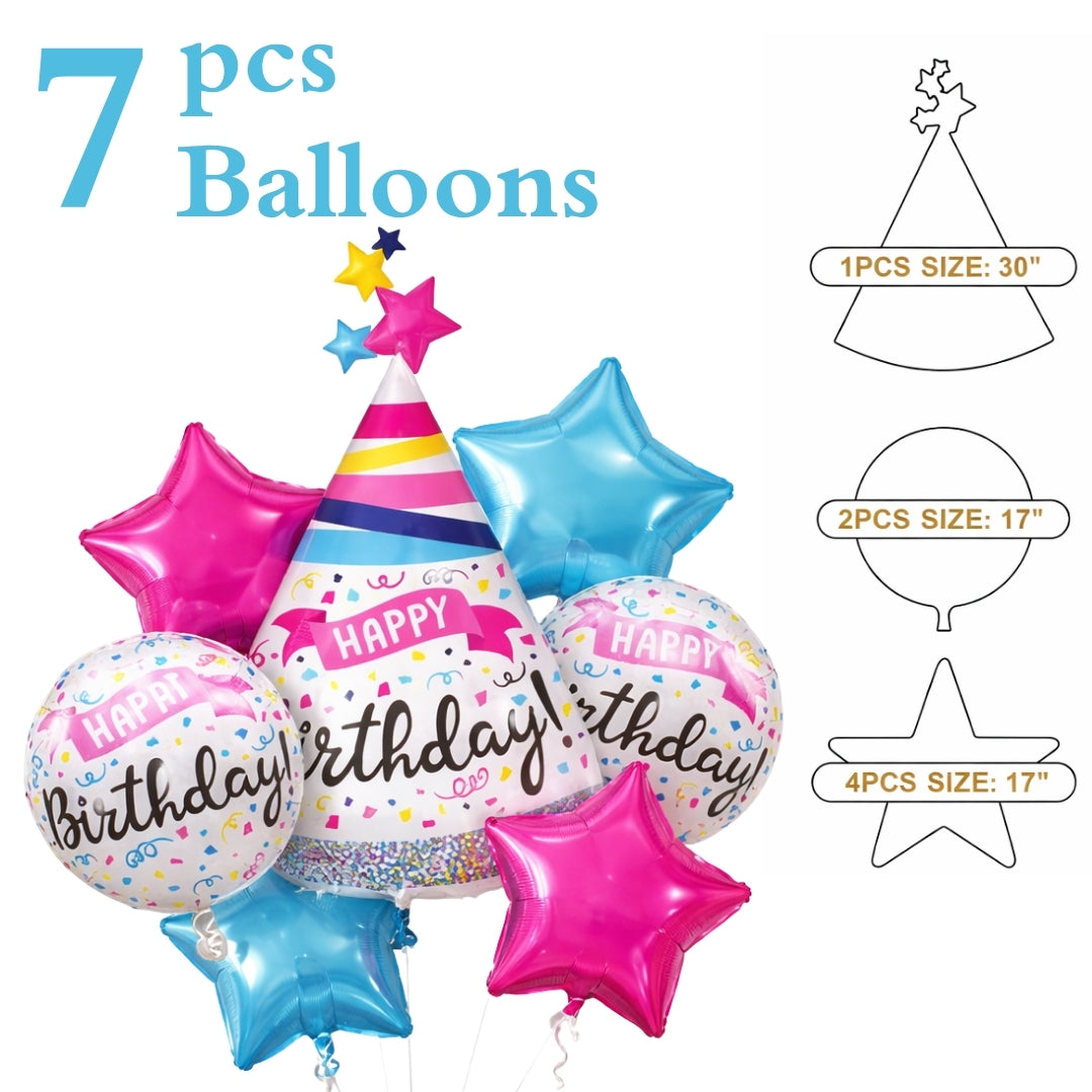 Happy Birthday Hat Shaped Helium Filled Balloon Bouquet Set of 7