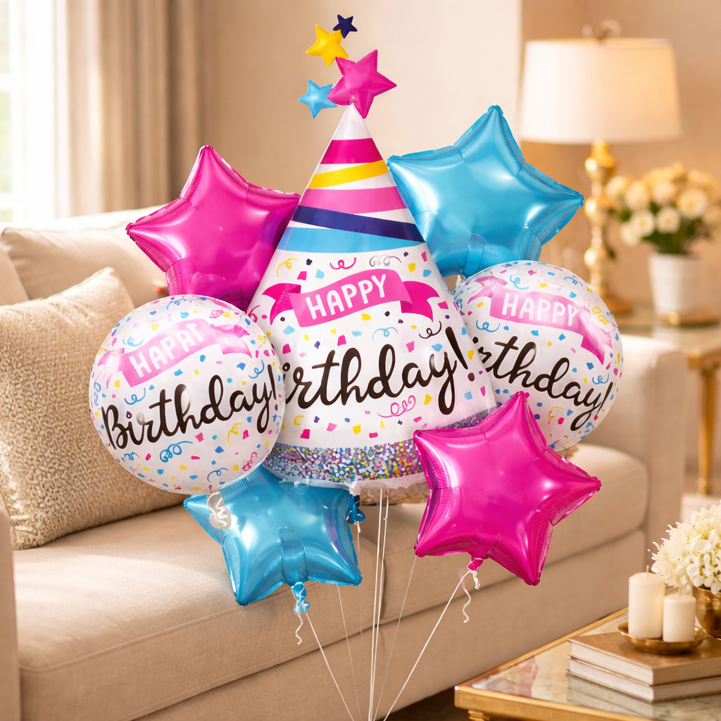 Happy Birthday Hat Shaped Helium Filled Balloon Bouquet Set of 7