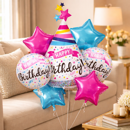 Happy Birthday Hat Shaped Helium Filled Balloon Bouquet Set of 7