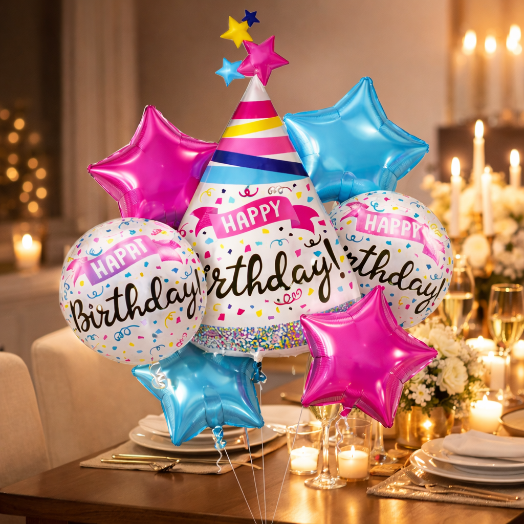 Happy Birthday Hat Shaped Helium Filled Balloon Bouquet Set of 7
