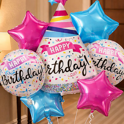 Happy Birthday Hat Shaped Helium Filled Balloon Bouquet Set of 7