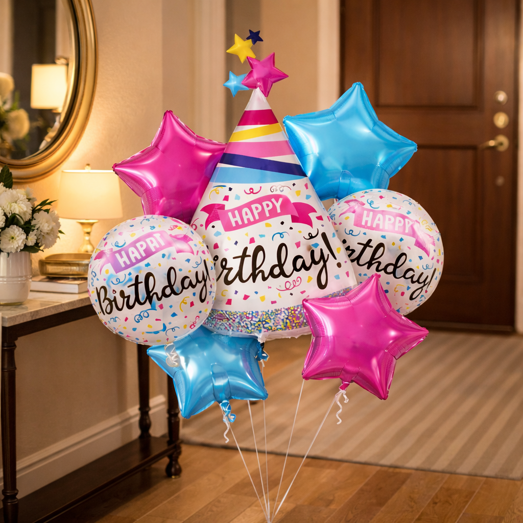 Happy Birthday Hat Shaped Helium Filled Balloon Bouquet Set of 7