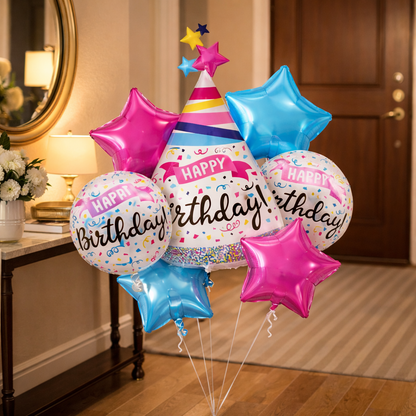 Happy Birthday Hat Shaped Helium Filled Balloon Bouquet Set of 7