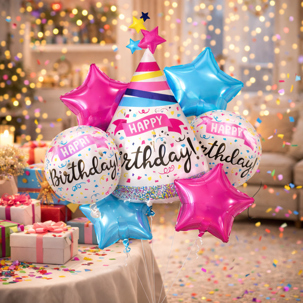 Happy Birthday Hat Shaped Helium Filled Balloon Bouquet Set of 7