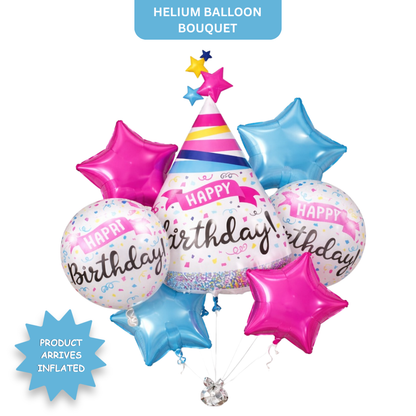 Happy Birthday Hat Shaped Helium Filled Balloon Bouquet Set of 7