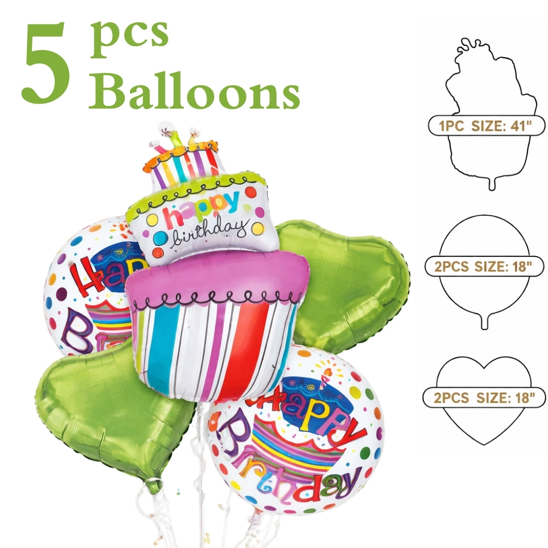 Happy Birthday Triple Layer Cake Helium Filled Balloon Bouquet Set of 5