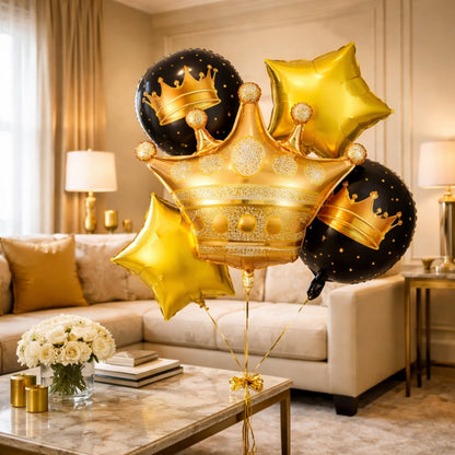 Golden Crown with 2 Black Crown and 2 Star Foil balloon 5 Set