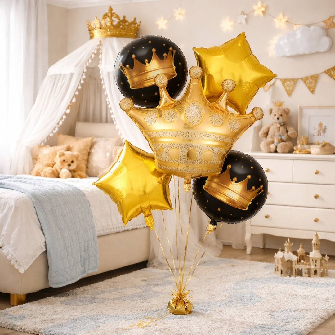 Golden Crown with 2 Black Crown and 2 Star Foil balloon 5 Set