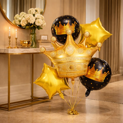 Golden Crown with 2 Black Crown and 2 Star Foil balloon 5 Set