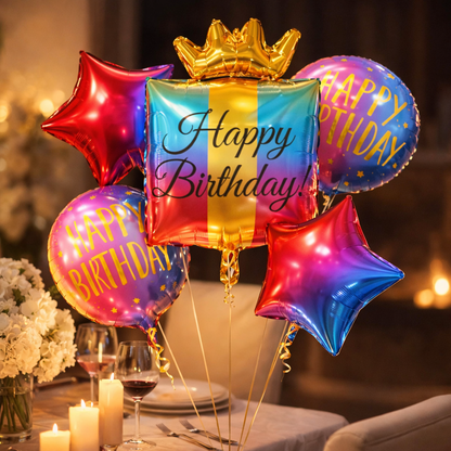 Happy Birthday Multicolor Helium Filled Foil Balloon Set of 5 | Pre-Inflated & Delivered | Birthday Decoration