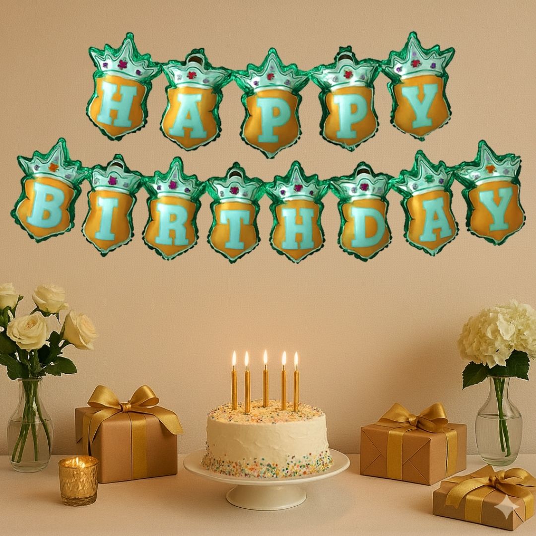 Happy Birthday Blue Crown Hanging Balloon Banner