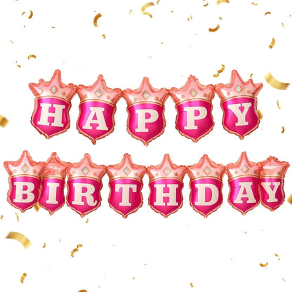 Happy Birthday Pink Crown Hanging Balloon Banner