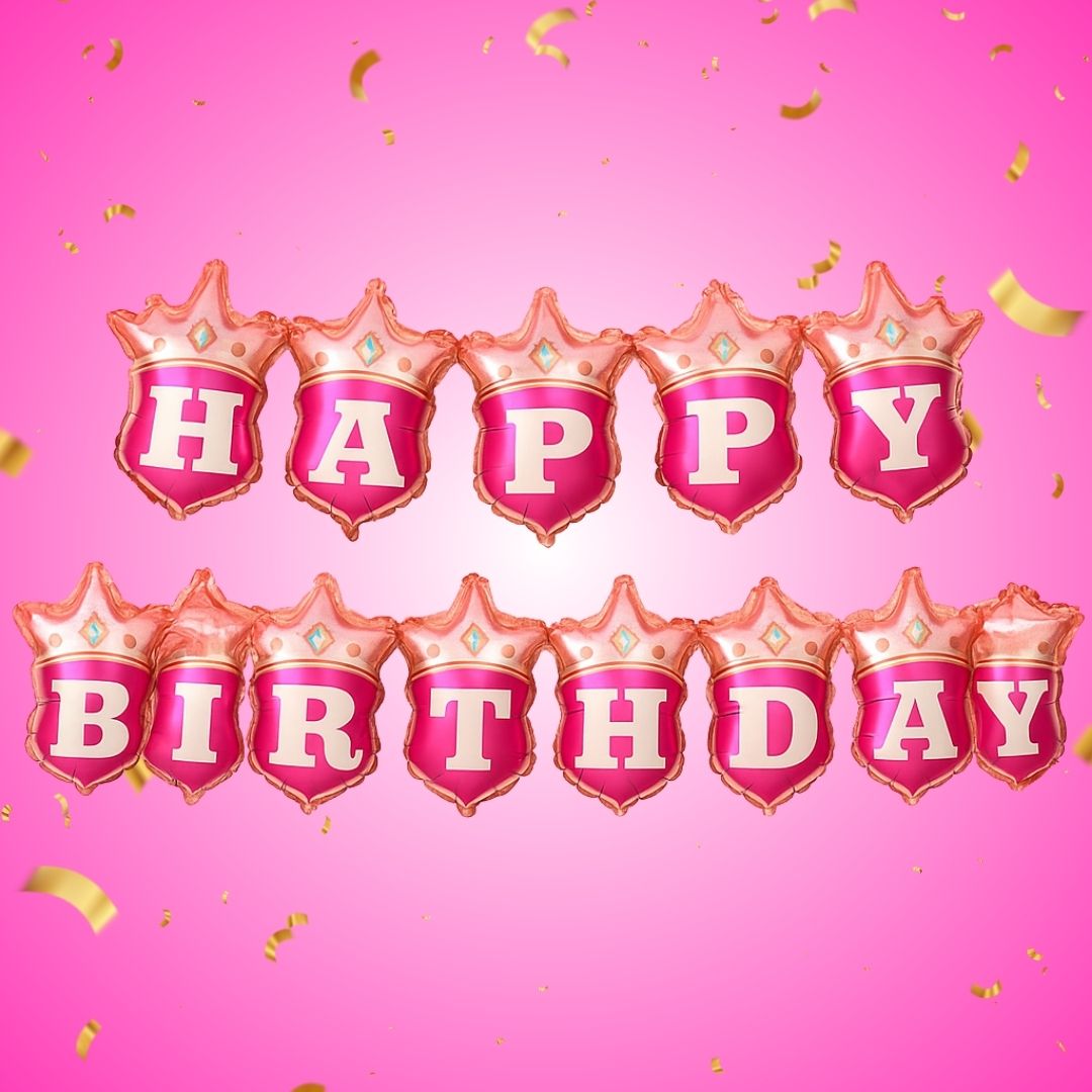 Happy Birthday Pink Crown Hanging Balloon Banner