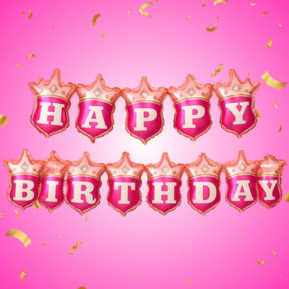 Happy Birthday Pink Crown Hanging Balloon Banner