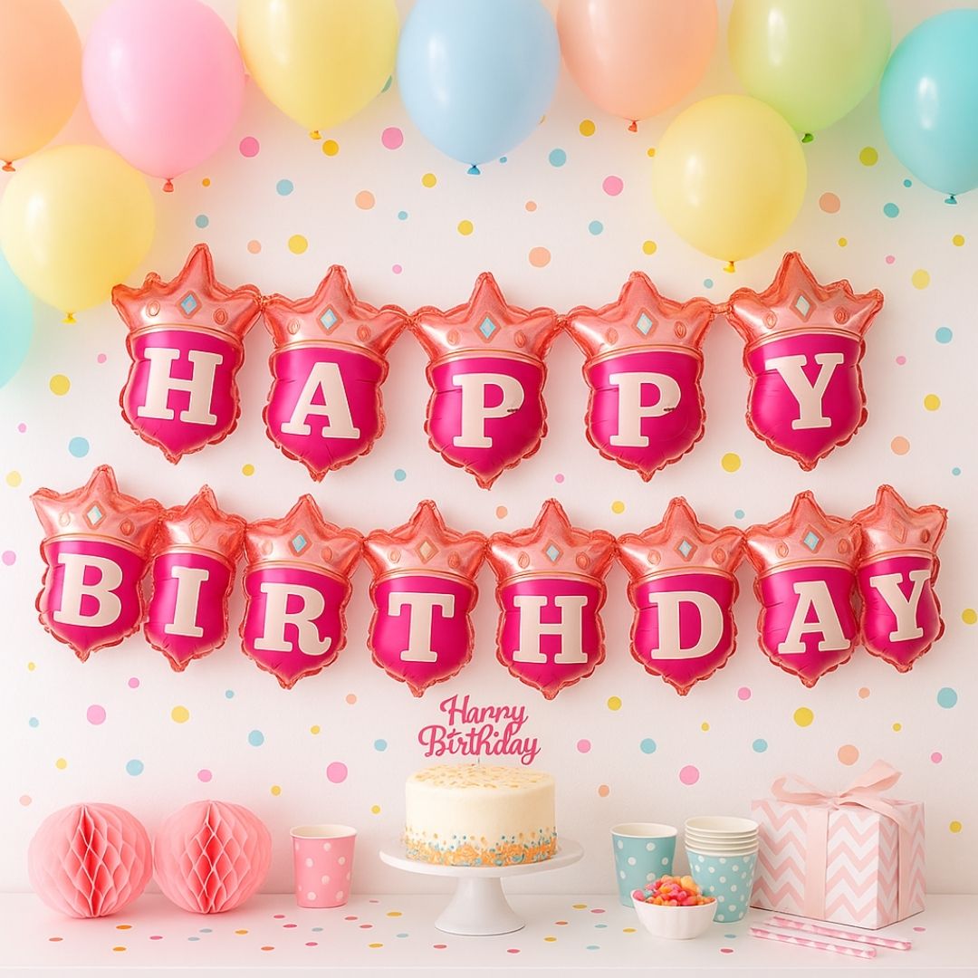Happy Birthday Pink Crown Hanging Balloon Banner