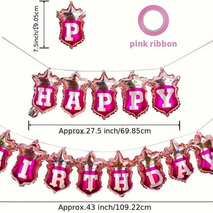 Happy Birthday Pink Crown Hanging Balloon Banner