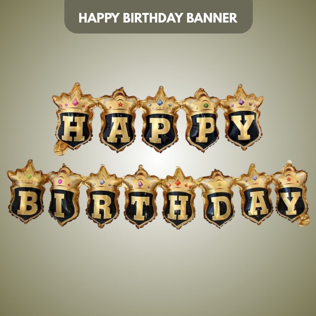 Happy Birthday Black Crown Hanging Balloon Banner